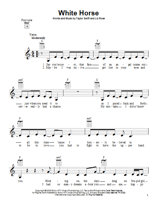 Taylor Swift White Horse Sheet Music Notes Chords Download Printable Ukulele Sku 87109