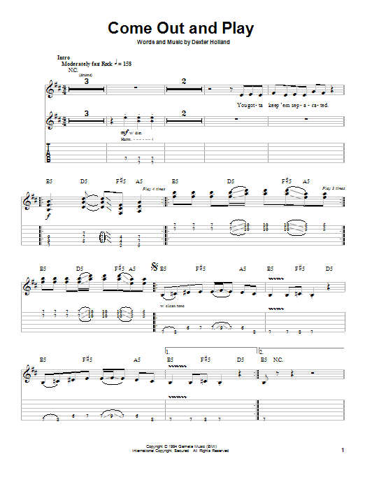 The Offspring Come Out And Play Sheet Music Notes Chords Download Pop Notes Guitar Tab Play Along Pdf Print 88521
