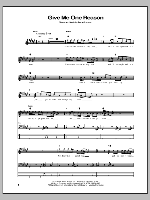 Tracy Chapman, Give Me One Reason, sheet music, piano notes, score, chords,...