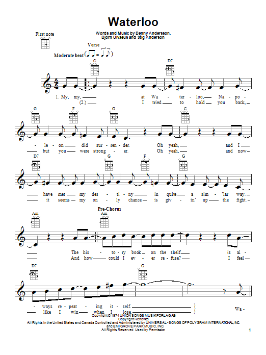 Abba Waterloo Sheet Music Notes Chords Download Pop Notes Ukulele Pdf Print 89185 Includes transpose, capo hints, changing speed and much more. music notes room