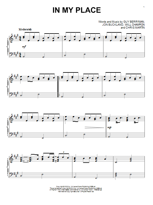 Preview Coldplay In My Place Rock sheet music, notes and chords for Piano, SKU: 89807 sheet music, piano notes, chords, guitar tabs, score, transpose, transcribe, how to play, guide, download, learn, tutorial, progression, song, artist, awards, billboard, mtv, vh1, tour, single, album, release