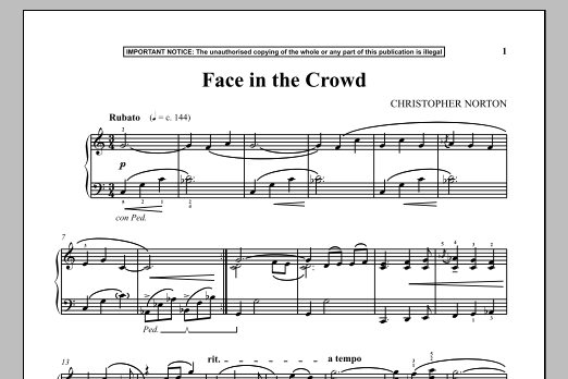 Preview Christopher Norton Face In The Crowd Classical sheet music, notes and chords for Piano, SKU: 90358 sheet music, piano notes, chords, guitar tabs, score, transpose, transcribe, how to play, guide, download, learn, tutorial, progression, song, artist, awards, billboard, mtv, vh1, tour, single, album, release