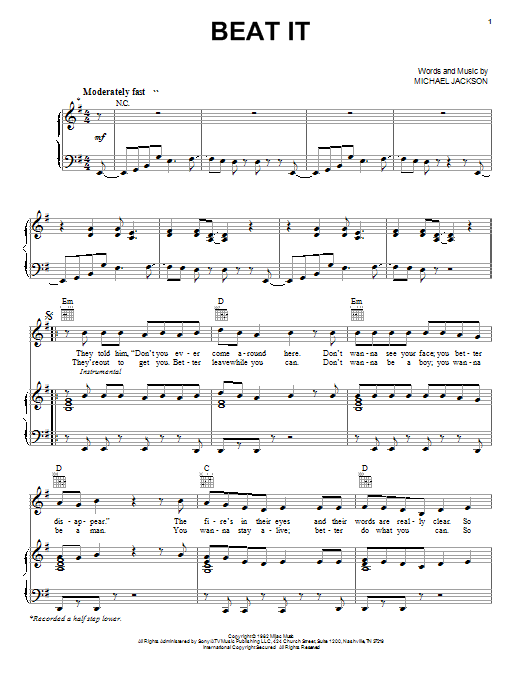 Michael Jackson Beat It Sheet Music Notes Chords Download Rock Notes Piano Vocal Guitar Right Hand Melody Pdf Print 917