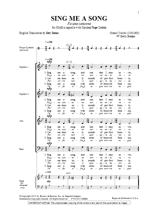 Preview Betty Bertaux Sing Me A Song (Fa Una Canzona) A Cappella sheet music, notes and chords for SATB, SKU: 93134 sheet music, piano notes, chords, guitar tabs, score, transpose, transcribe, how to play, guide, download, learn, tutorial, progression, song, artist, awards, billboard, mtv, vh1, tour, single, album, release