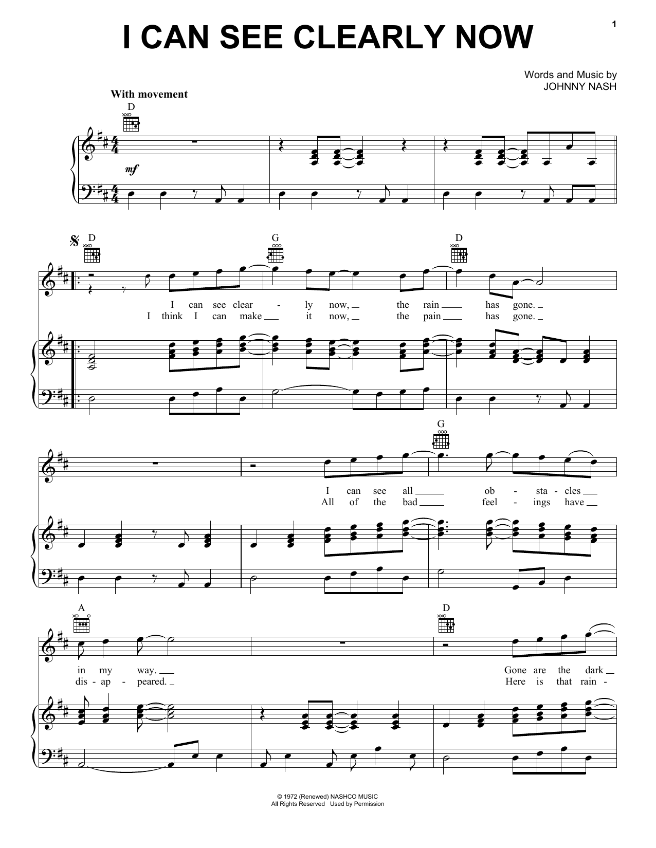 Preview Jimmy Cliff I Can See Clearly Now Reggae sheet music, notes and chords for Piano, Vocal & Guitar (Right-Hand Melody), SKU: 93401 sheet music, piano notes, chords, guitar tabs, score, transpose, transcribe, how to play, guide, download, learn, tutorial, progression, song, artist, awards, billboard, mtv, vh1, tour, single, album, release