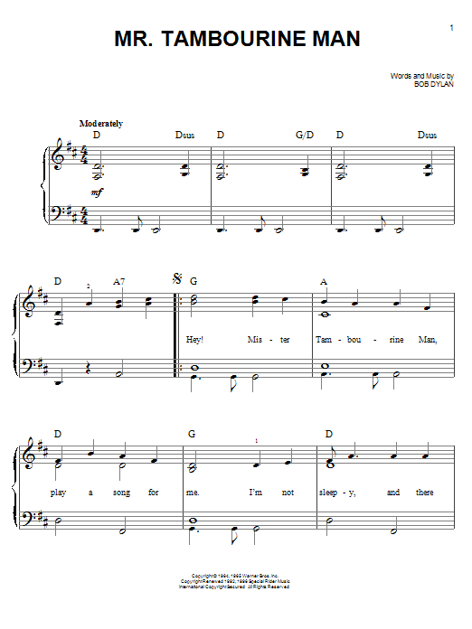 Bob Dylan Mr Tambourine Man Sheet Music Notes Chords Download Rock Notes Easy Piano Pdf Print