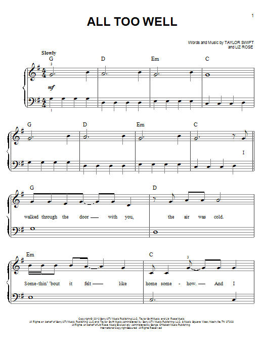 Taylor Swift All Too Well Sheet Music Notes, Chords | Download Pop.