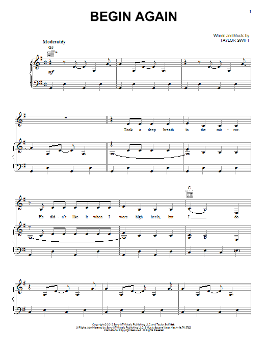 Taylor Swift Begin Again Sheet Music Download Pdf Score 93912