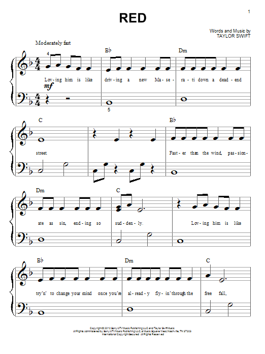 Taylor Swift Red Sheet Music Notes Chords Download Printable Piano Big Notes Sku 94466