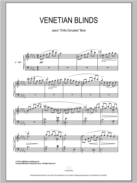 Preview Chilly Gonzales Venetian Blinds Classical sheet music, notes and chords for Piano, SKU: 94486 sheet music, piano notes, chords, guitar tabs, score, transpose, transcribe, how to play, guide, download, learn, tutorial, progression, song, artist, awards, billboard, mtv, vh1, tour, single, album, release
