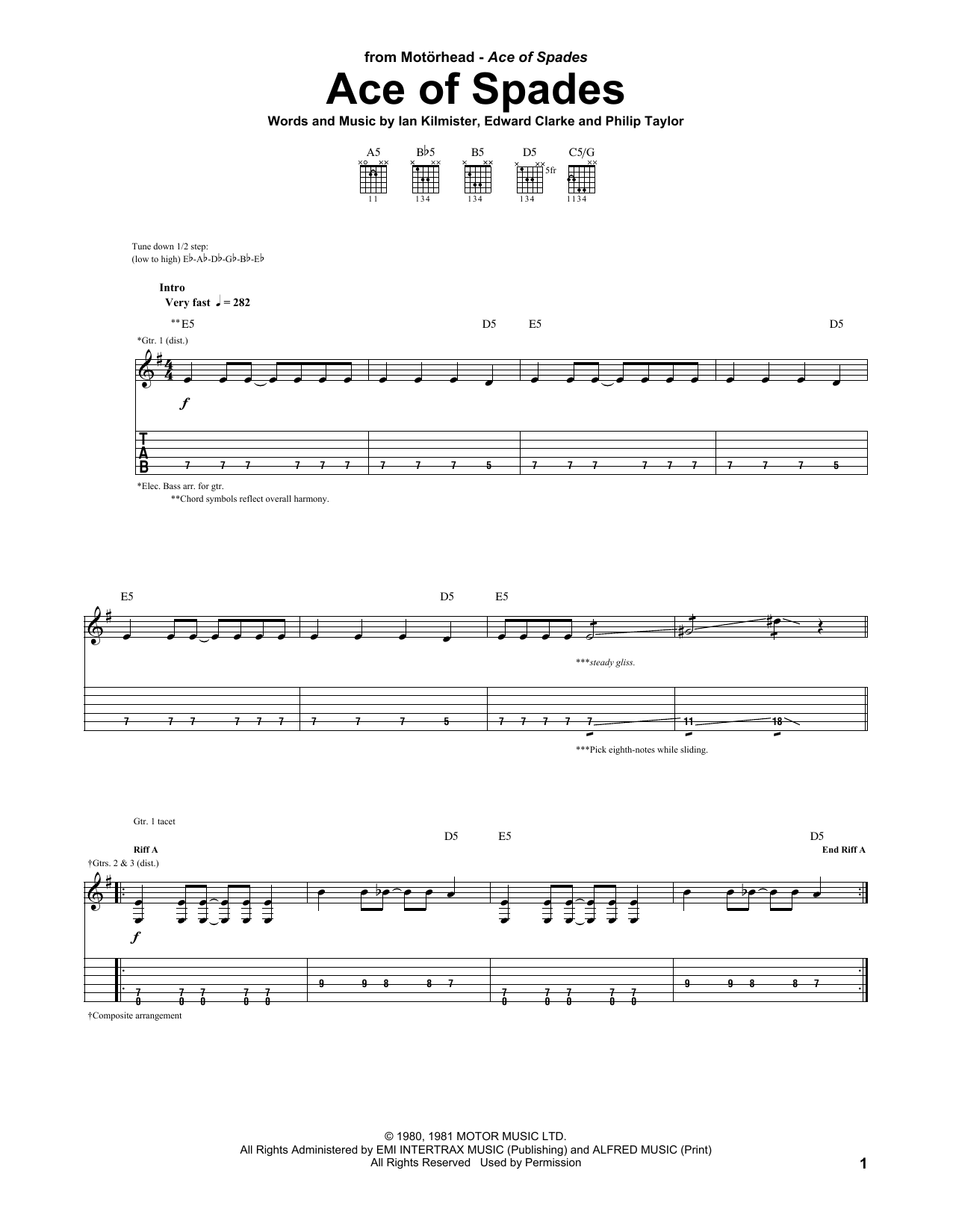 Preview Motorhead Ace Of Spades Pop sheet music, notes and chords for Guitar Tab, SKU: 94746 sheet music, piano notes, chords, guitar tabs, score, transpose, transcribe, how to play, guide, download, learn, tutorial, progression, song, artist, awards, billboard, mtv, vh1, tour, single, album, release