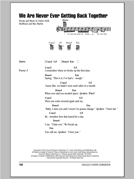 Taylor Swift We Are Never Ever Getting Back Together Sheet Music Notes Chords Download Pop Notes Ukulele With Strumming Patterns Pdf Print