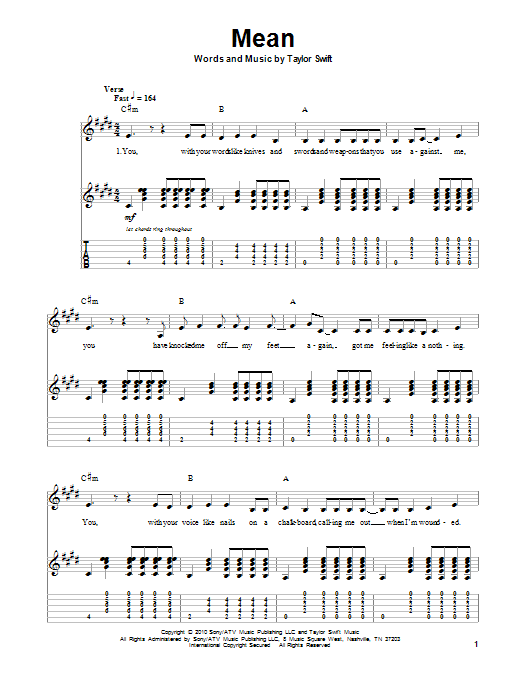 Taylor Swift Mean Sheet Music Notes Chords Download Printable Guitar Tab Play Along Sku 96631