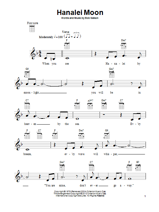 Preview Bob Nelson Hanalei Moon Folk sheet music, notes and chords for Ukul...