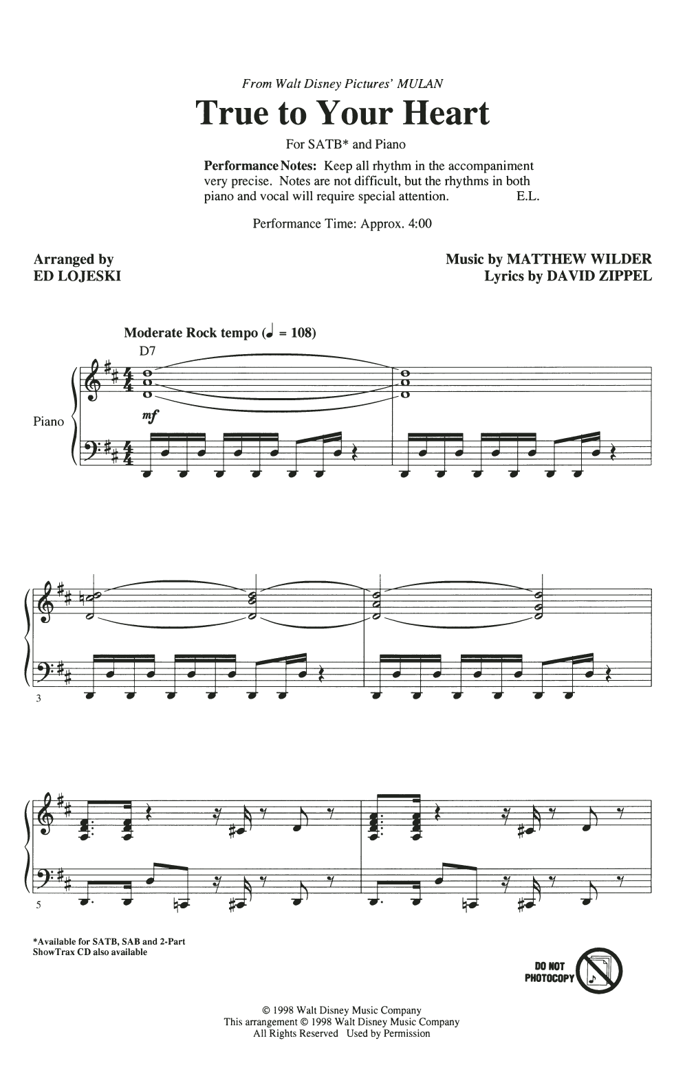 98 Degrees & Stevie Wonder True To Your Heart (from Mulan) (arr. Ed Lojeski) Sheet Music Notes & Chords for SATB Choir - Download or Print PDF