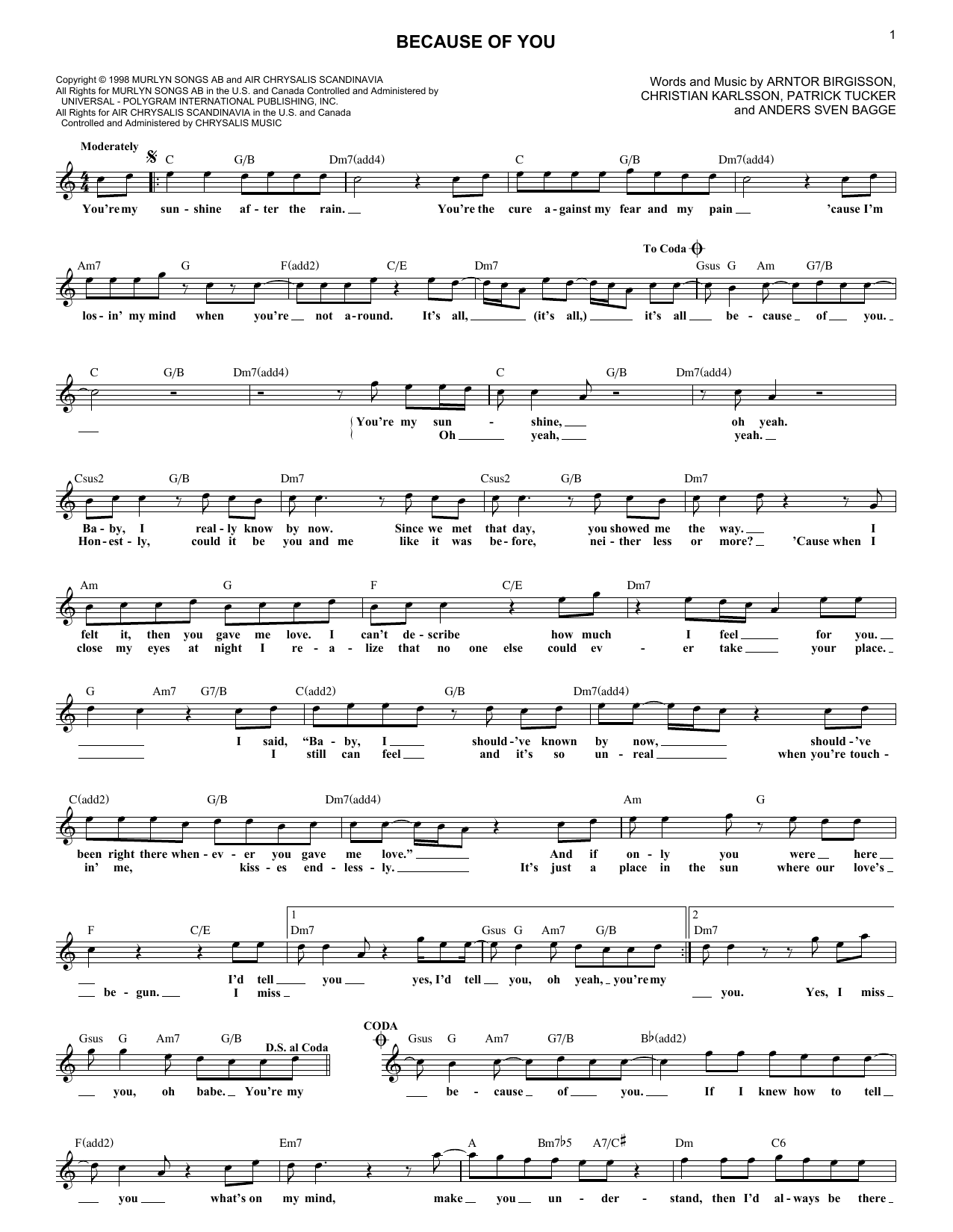 98 Degrees Because Of You Sheet Music Notes & Chords for Piano, Vocal & Guitar Chords (Right-Hand Melody) - Download or Print PDF