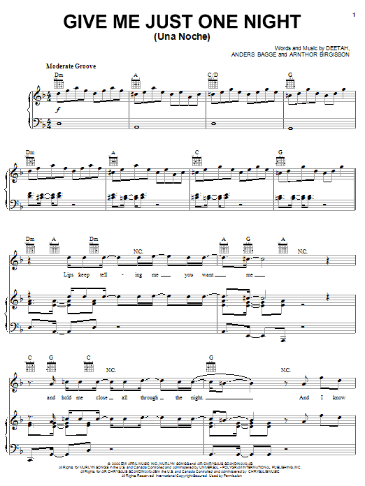 Preview 98 Degrees Give Me Just One Night (Una Noche) Pop sheet music, notes and chords for Piano, Vocal & Guitar (Right-Hand Melody), SKU: 50813 Give Me Just One Night (Una Noche) sheet music