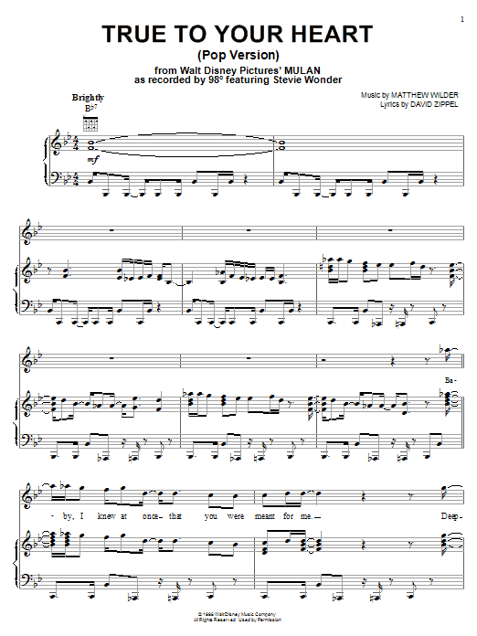Preview 98 Degrees & Stevie Wonder True To Your Heart (from Mulan) Pop sheet music, notes and chords for Piano, Vocal & Guitar (Right-Hand Melody), SKU: 18209 sheet music, piano notes, chords, guitar tabs, score, transpose, transcribe, how to play, guide, download, learn, tutorial, progression, song, artist, awards, billboard, mtv, vh1, tour, single, album, release