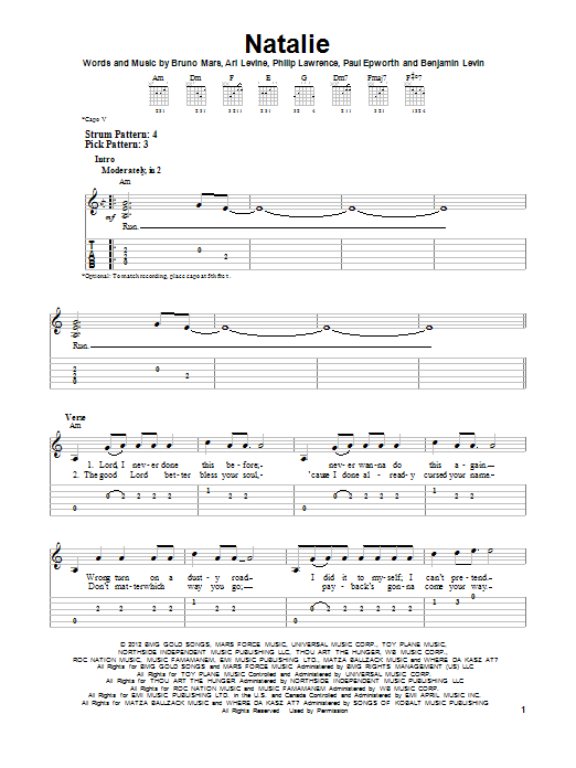 Bruno Mars Natalie Sheet Music Notes Chords Download Rock Notes Easy Guitar Tab Pdf Print 99100