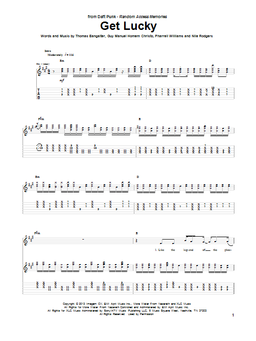 Daft Punk Get Lucky Feat Pharrell Williams Sheet Music Notes Chords Download Pop Notes Guitar Tab Pdf Print 99272