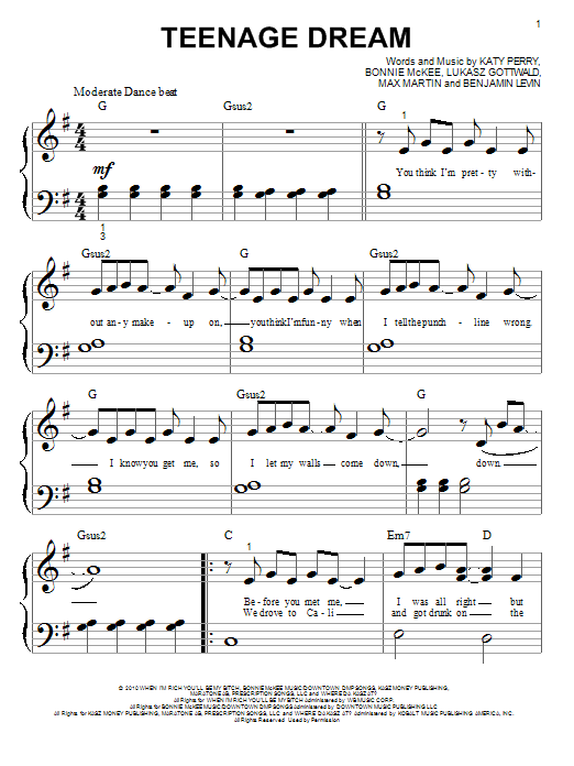 Katy Perry Teenage Dream Sheet Music Notes Chords Download Pop