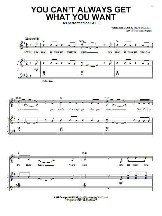 Glee Cast You Can T Always Get What You Want Chords Sheet Music