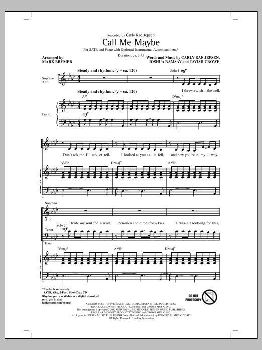 Carly Rae Jepsen Call Me Maybe Arr Mark Brymer Sheet Music