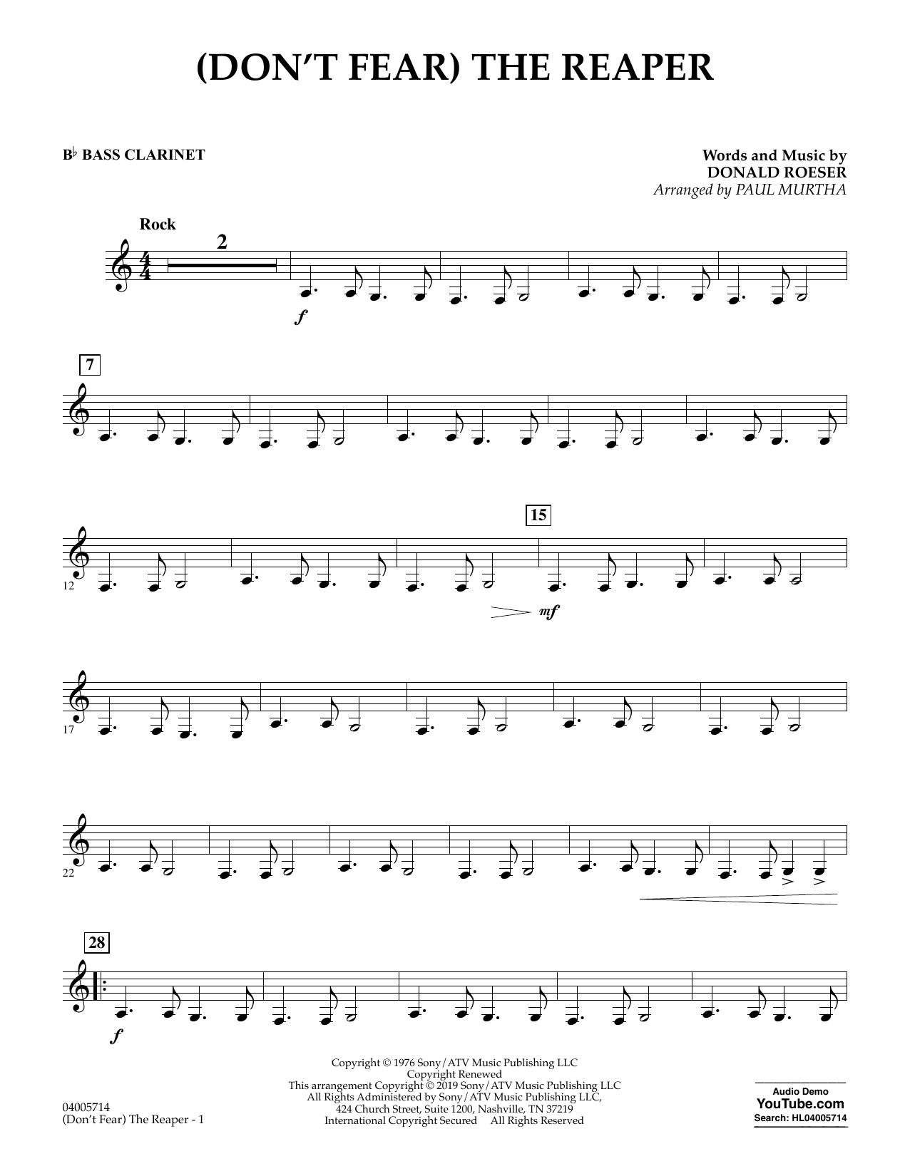 Blue Oyster Cult Don T Fear The Reaper Arr Paul Murtha Bb Bass Clarinet Sheet Music Download Pdf Score 406603