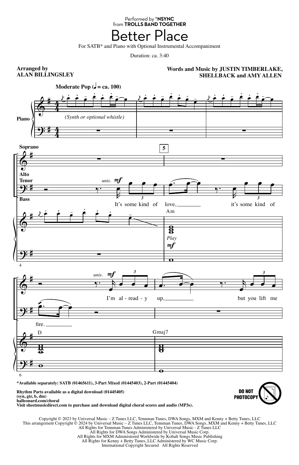 *NSYNC Better Place (arr. Alan Billingsley) Sheet Music Notes & Chords for 3-Part Mixed Choir - Download or Print PDF