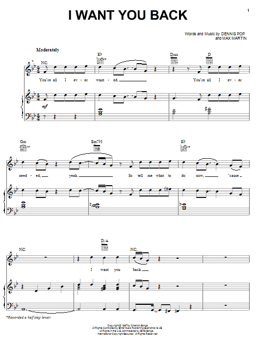 Preview 'N Sync I Want You Back Pop sheet music, notes and chords for Piano, Vocal & Guitar (Right-Hand Melody), SKU: 18208 I Want You Back sheet music