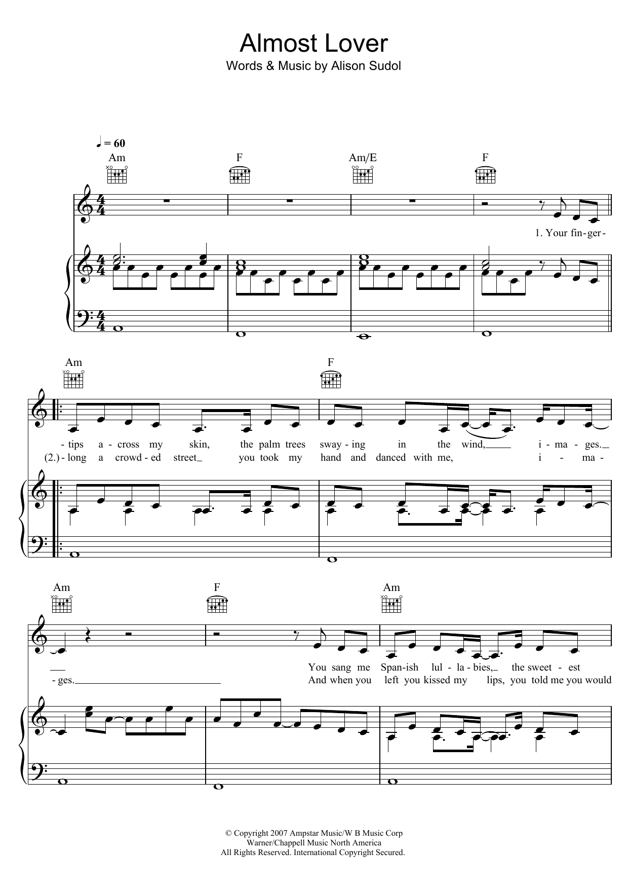A Fine Frenzy Almost Lover Sheet Music Notes & Chords for Piano, Vocal & Guitar (Right-Hand Melody) - Download or Print PDF