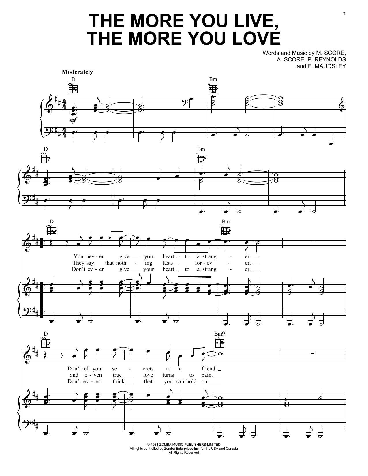 A Flock Of Seagulls The More You Live, The More You Love Sheet Music Notes & Chords for Piano, Vocal & Guitar Chords (Right-Hand Melody) - Download or Print PDF