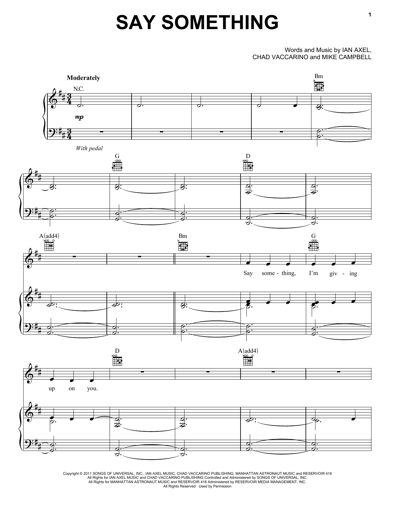 A Great Big World and Christina Aguilera Say Something Sheet Music Notes & Chords for Piano, Vocal & Guitar (Right-Hand Melody) - Download or Print PDF