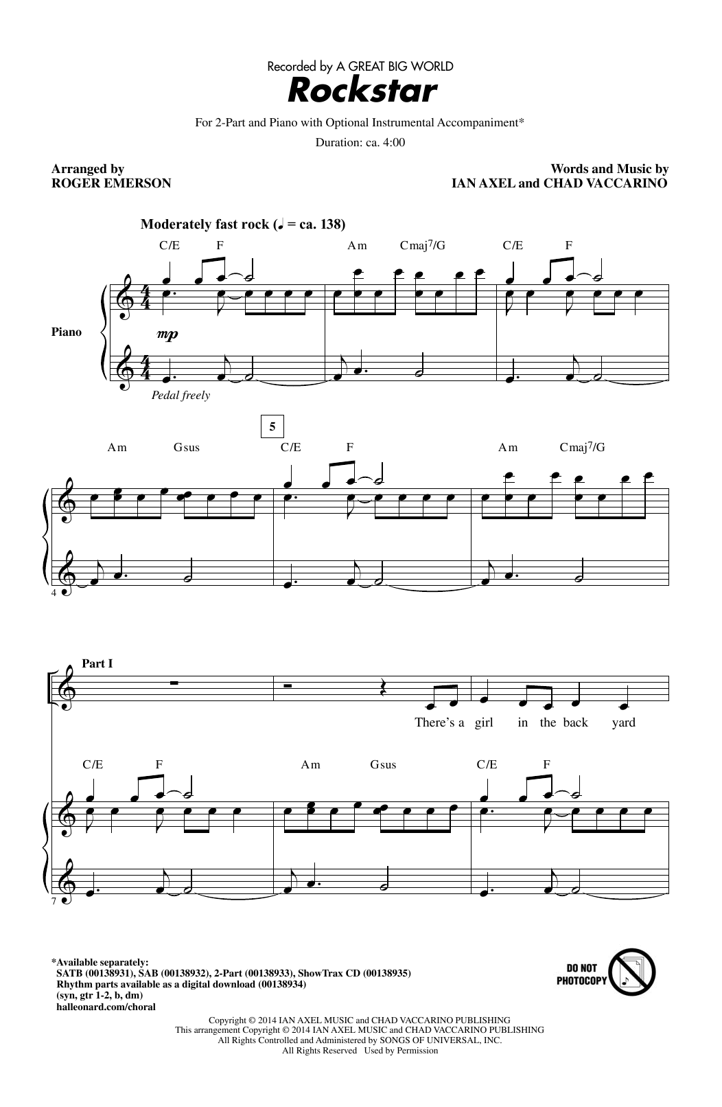 A Great Big World Rockstar (arr. Roger Emerson) Sheet Music Notes & Chords for SAB - Download or Print PDF