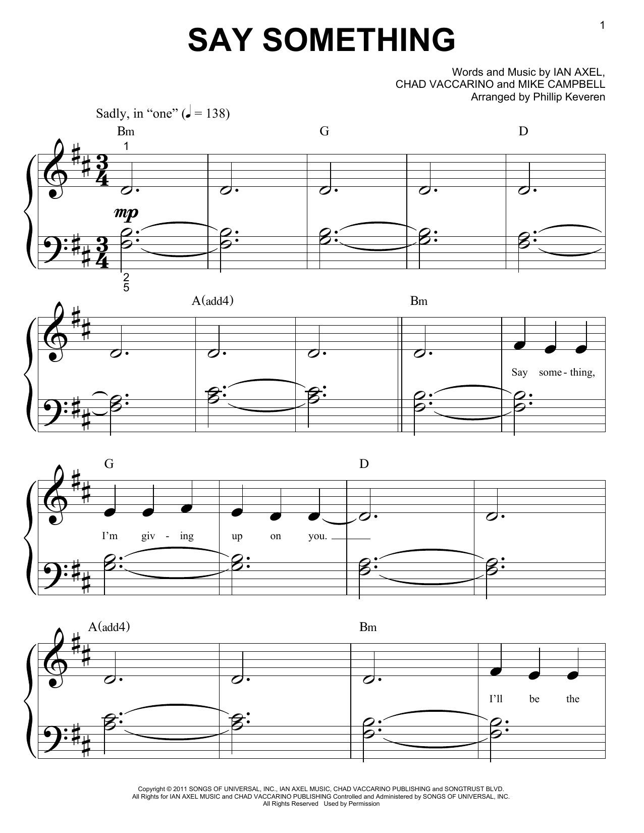 A Great Big World and Christina Aguilera Say Something Sheet Music Notes & Chords for Piano (Big Notes) - Download or Print PDF