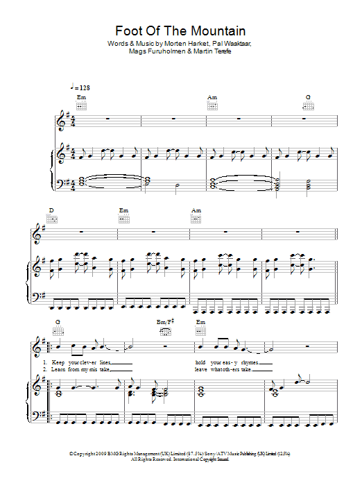 Preview a-ha Foot Of The Mountain Rock sheet music, notes and chords for Piano, Vocal & Guitar, SKU: 48376 Foot Of The Mountain sheet music