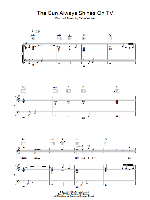 A-Ha The Sun Always Shines On TV Sheet Music Notes & Chords for Piano, Vocal & Guitar - Download or Print PDF