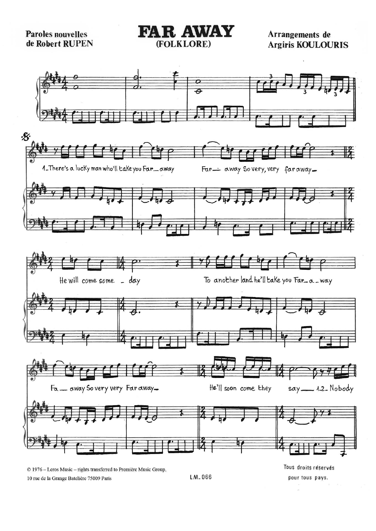 A Koulouris Far Away Sheet Music Notes & Chords for Piano & Vocal - Download or Print PDF