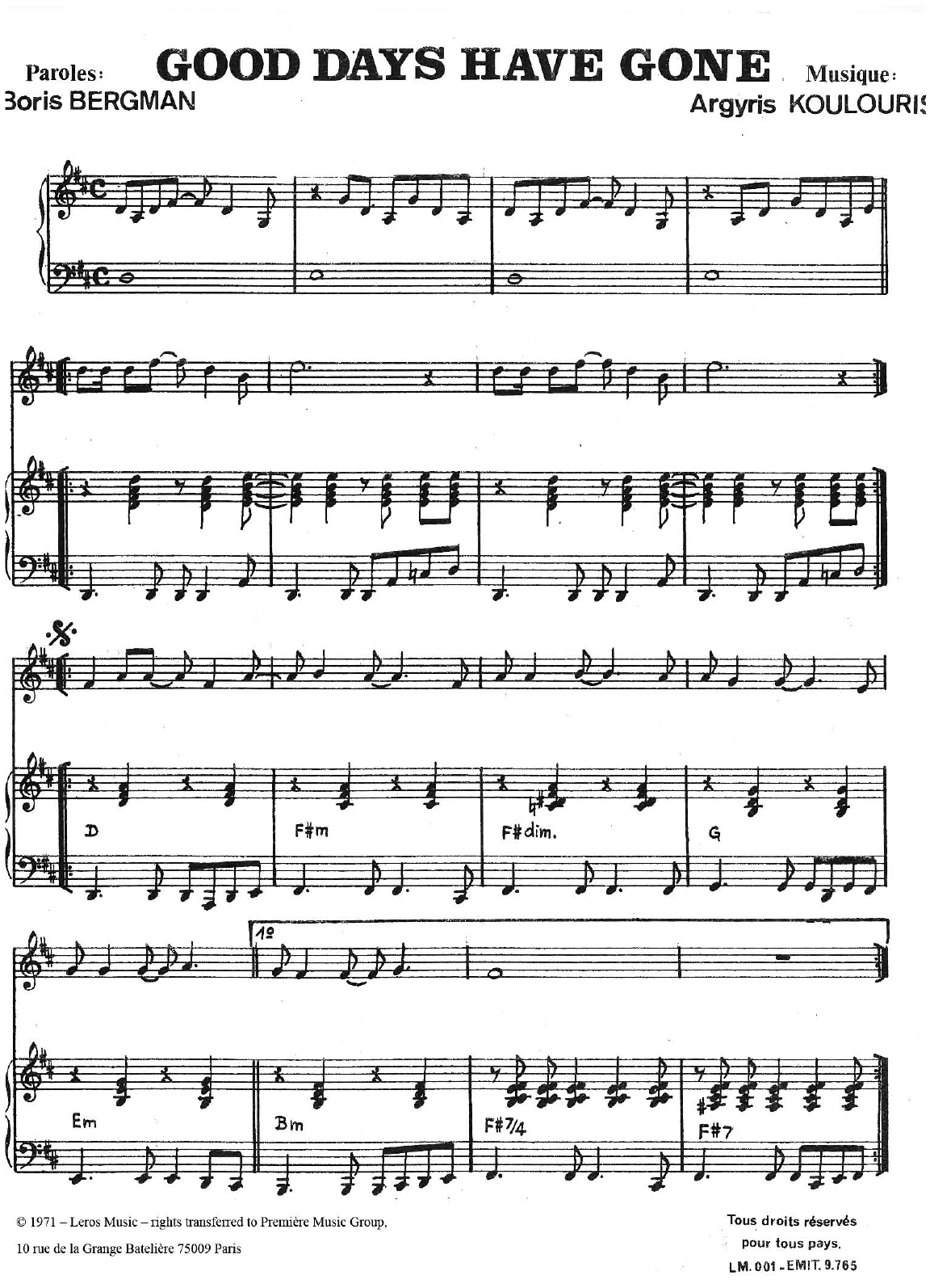 A Koulouris Good Days Have Gone Sheet Music Notes & Chords for Piano, Vocal & Guitar (Right-Hand Melody) - Download or Print PDF