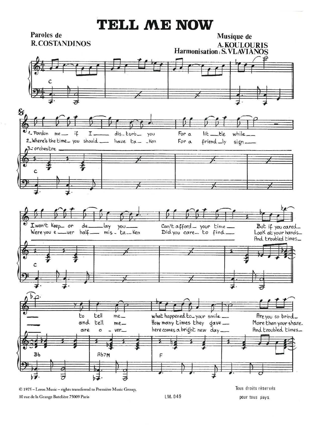 A Koulouris Tell Me Now Sheet Music Notes & Chords for Piano & Vocal - Download or Print PDF