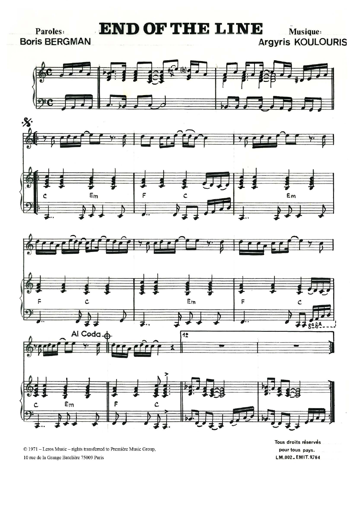 A Koulouris The End Of The Line Sheet Music Notes & Chords for Piano & Vocal - Download or Print PDF