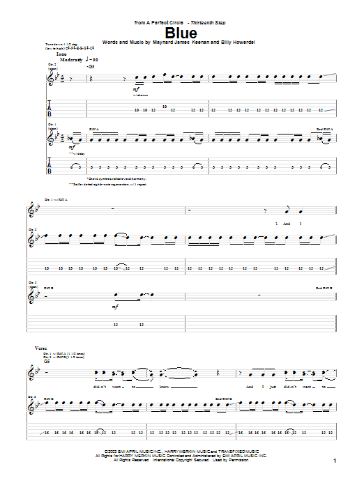 A Perfect Circle Blue Sheet Music Notes & Chords for Guitar Tab - Download or Print PDF