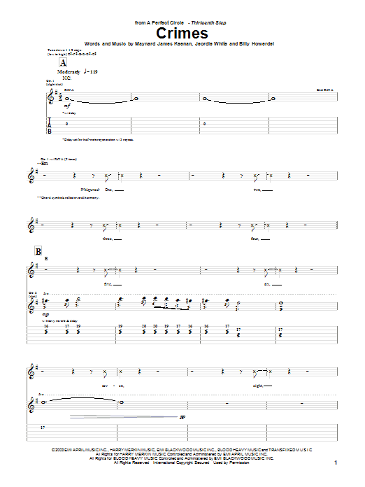 A Perfect Circle Crimes Sheet Music Notes & Chords for Guitar Tab - Download or Print PDF