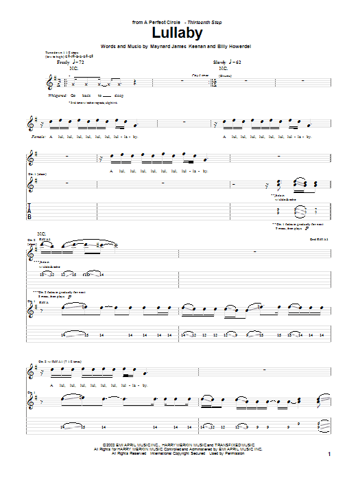 A Perfect Circle Lullaby Sheet Music Notes & Chords for Guitar Tab - Download or Print PDF