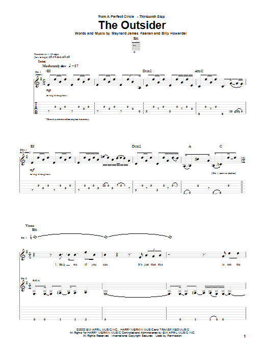 A Perfect Circle The Outsider Sheet Music Notes & Chords for Bass Guitar Tab - Download or Print PDF