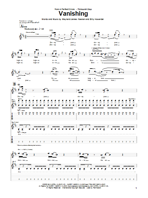 A Perfect Circle Vanishing Sheet Music Notes & Chords for Guitar Tab - Download or Print PDF