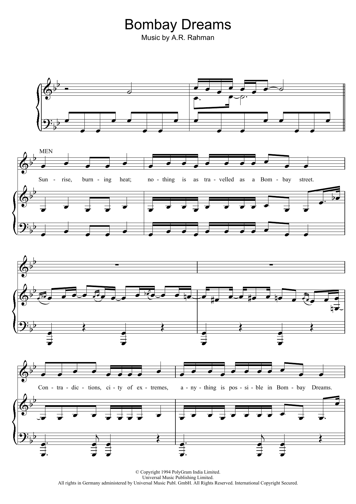 A. R. Rahman Bombay Dreams Sheet Music Notes & Chords for Piano, Vocal & Guitar (Right-Hand Melody) - Download or Print PDF