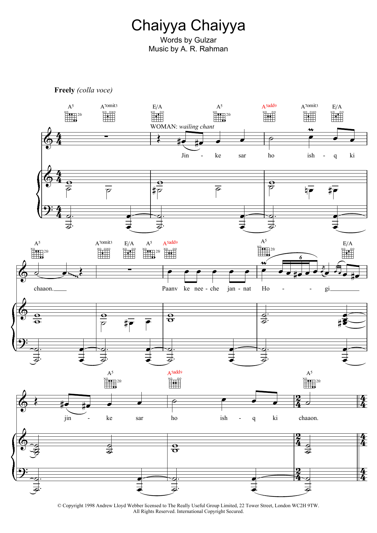 A. R. Rahman Chaiyya Chaiyya Sheet Music Notes & Chords for Piano, Vocal & Guitar - Download or Print PDF