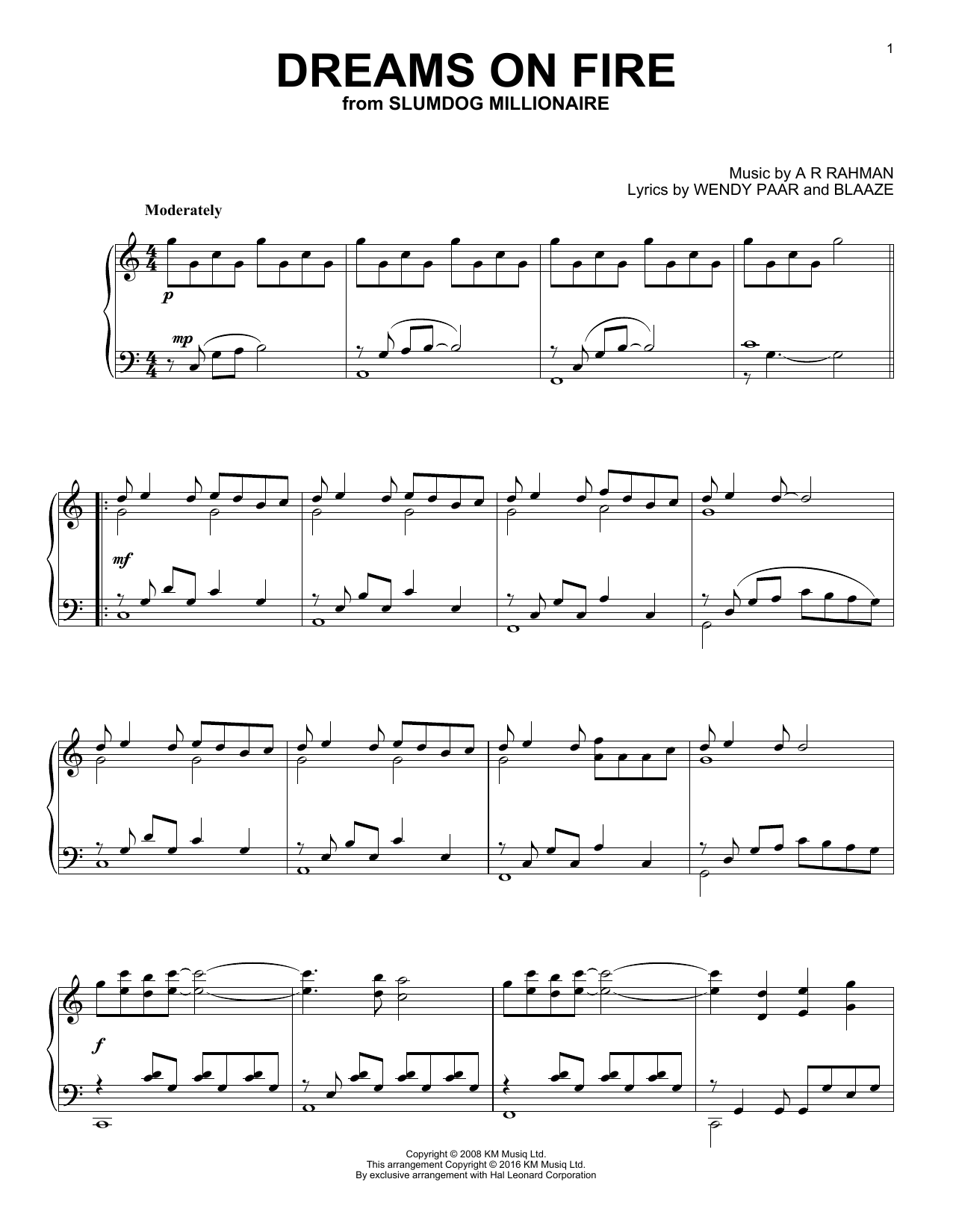 A R Rahman Dreams On Fire Sheet Music Notes & Chords for Piano - Download or Print PDF