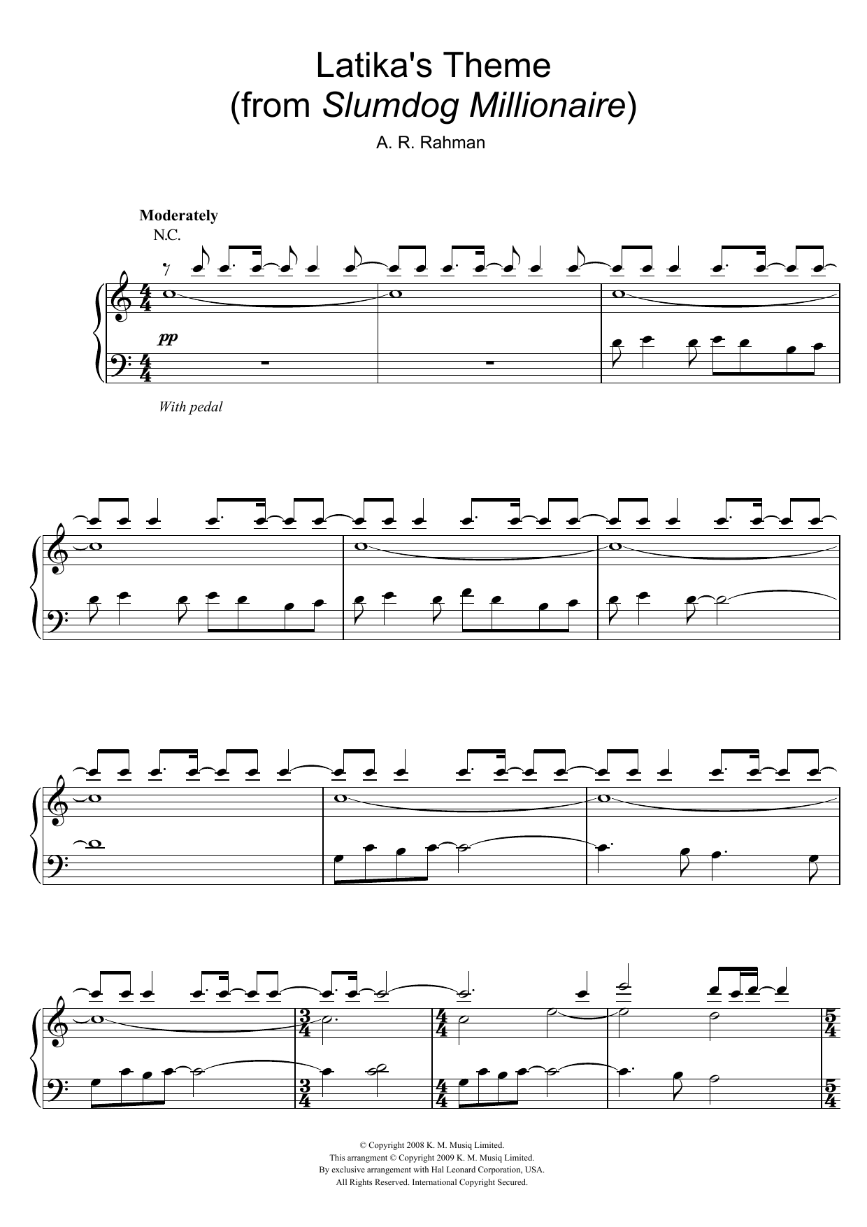 A. R. Rahman Latika's Theme (from Slumdog Millionaire) Sheet Music Notes & Chords for Piano - Download or Print PDF